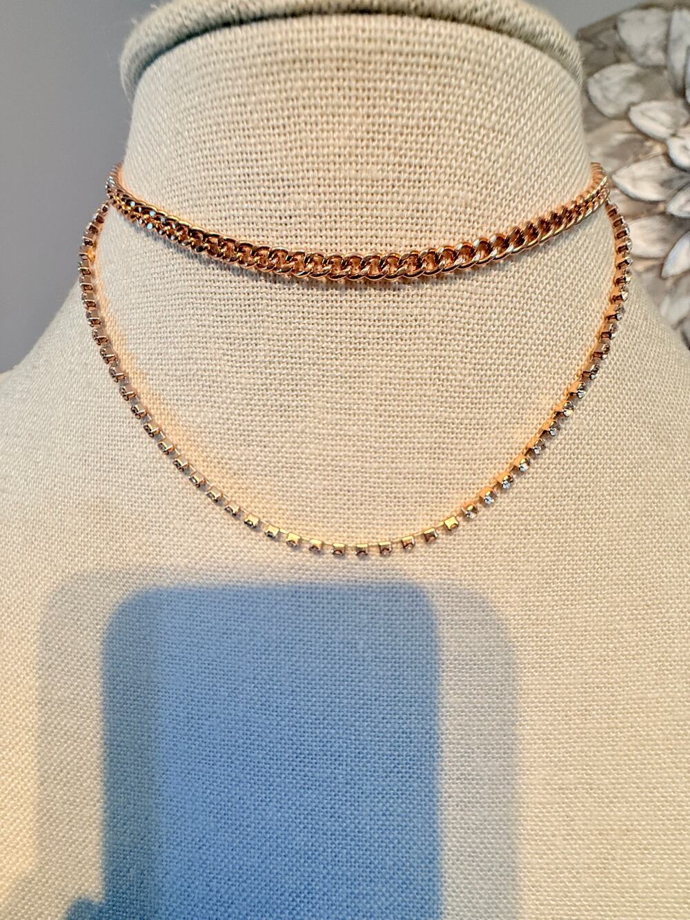 Vintage 2 Row Rhinestone Chain Choker Necklace 12+2”